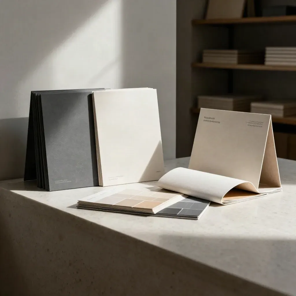 Identity kit on travertine plinth with folded boxes, colour chips and wrapped guide sleeve in studio haze.