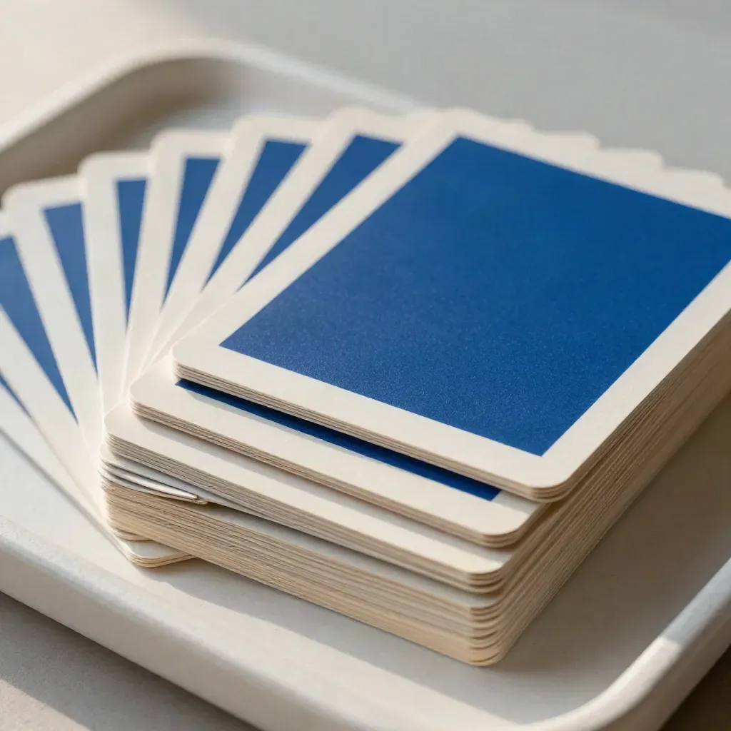 Close macro of cobalt-edged social media graphics tiles and stickers on a pale tray.