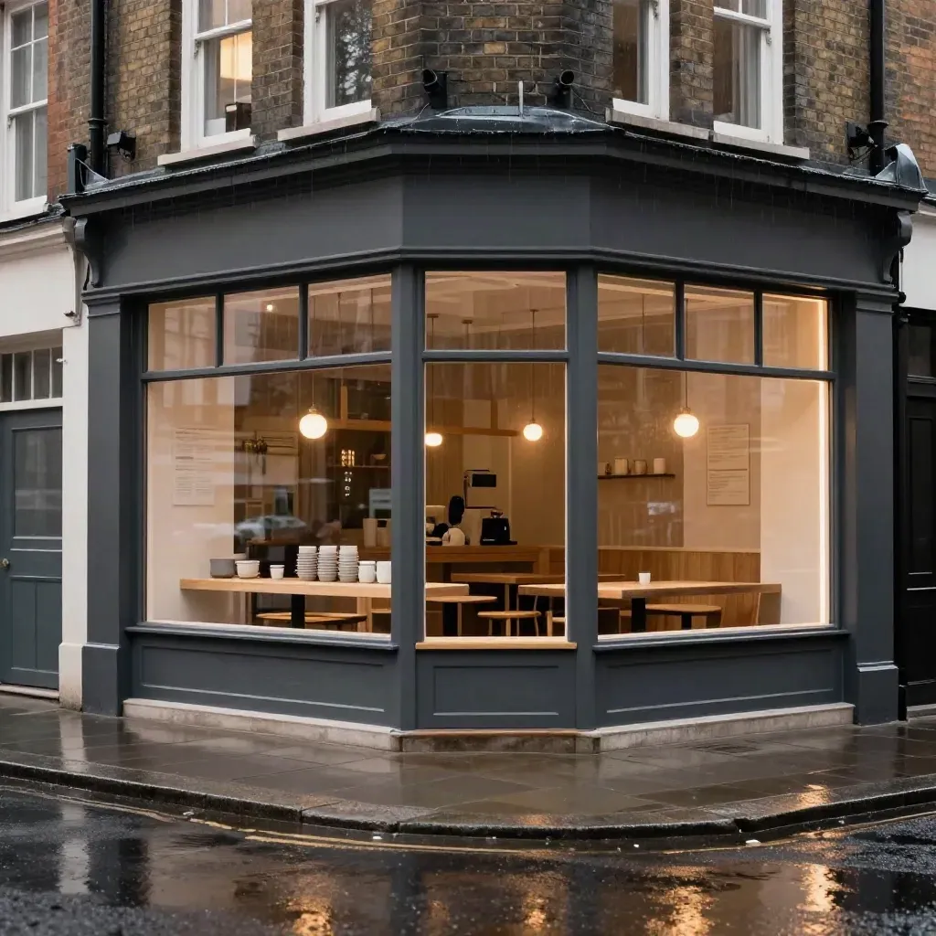 Warm wet North London café frontage with glowing windows, timber seating and rain steam at dusk.