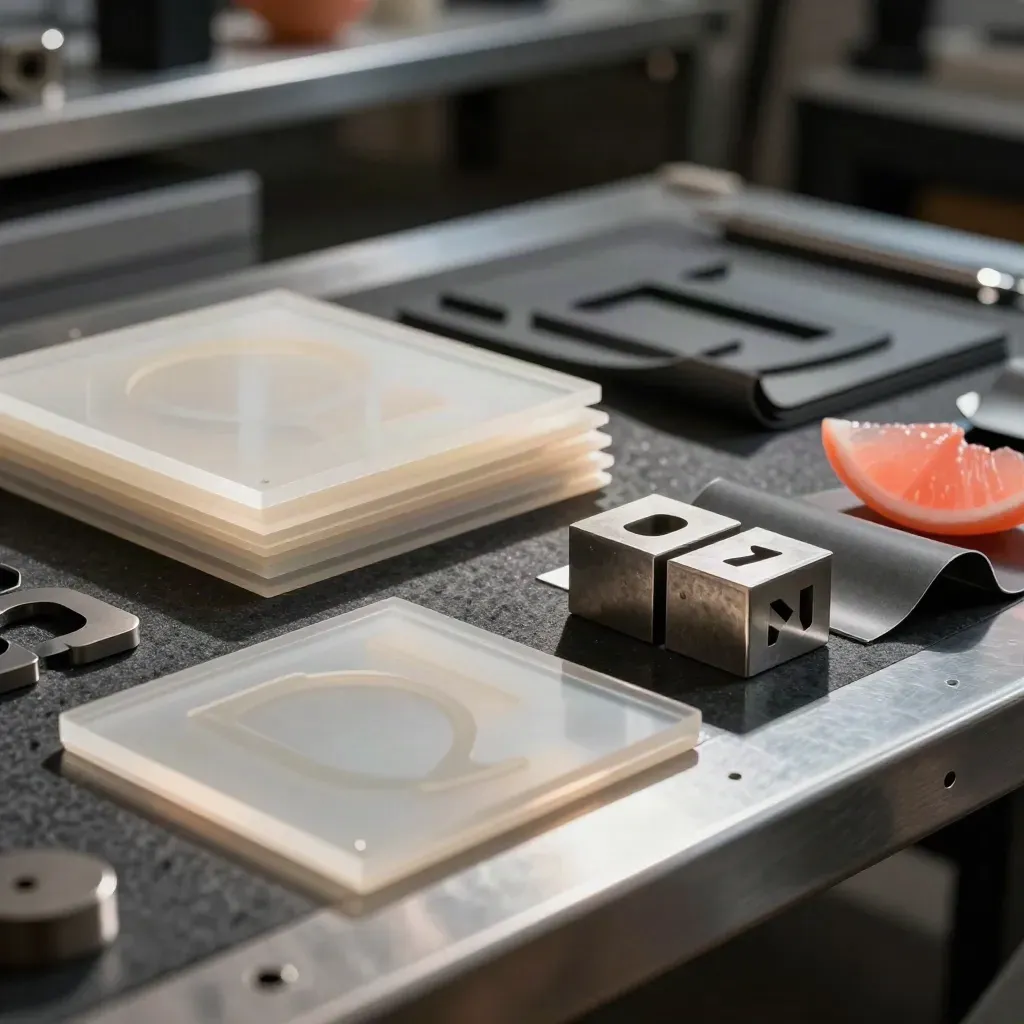 Acrylic logomark samples, metal type blocks and vinyl offcuts on a dark studio bench.