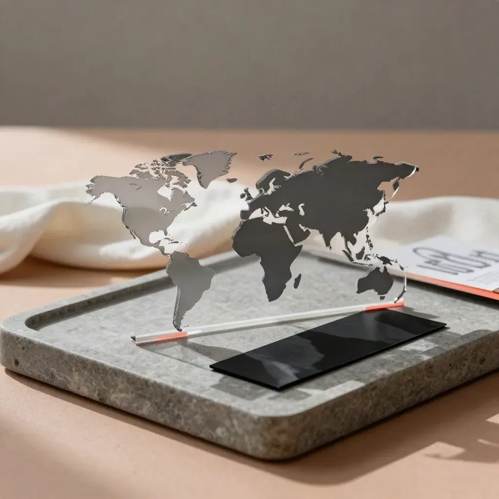 Logo revision materials on a stone tray with soft daylight and a coral accent.