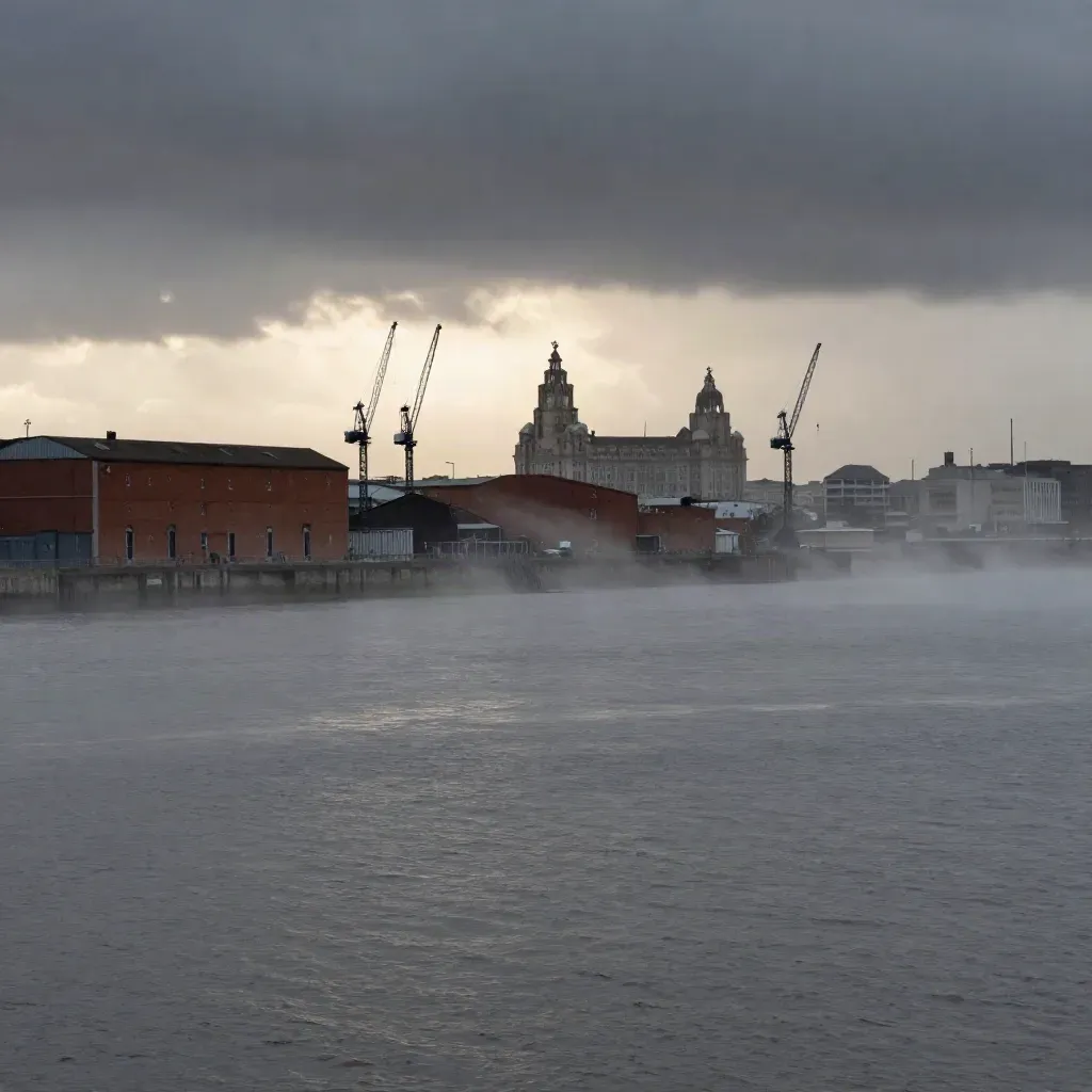 Moody Liverpool waterfront at storm dawn with mist, calm water and dock silhouettes.